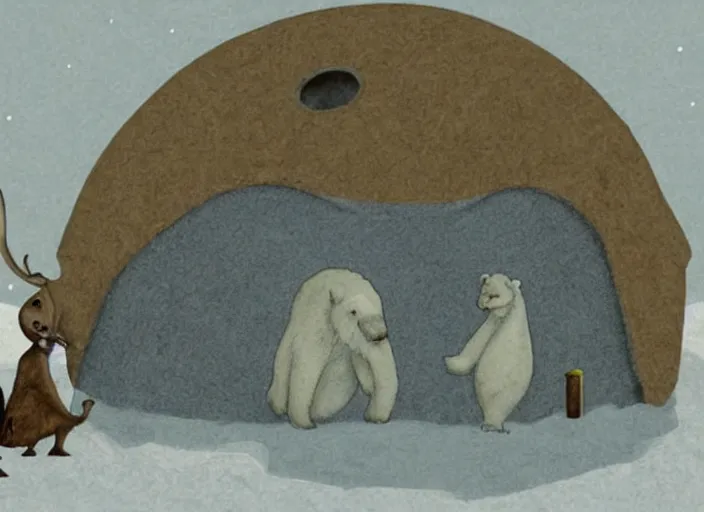 Prompt: an igloo with a chimney, walrus, polar bear, sleigh dogs, fish, giraffe, lowbrow in the style of mark ryden and john bauer,