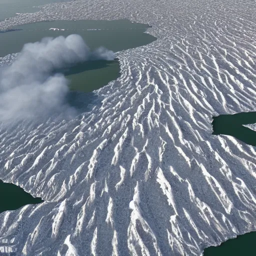Image similar to aerial shot of permafrost rupturing in siberia, climate change, hyper realism, 8 k, hyper detailed