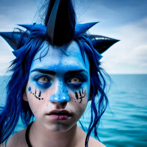 Prompt: a dnd Triton girl with blue skin and messy black hair sitting on the deck of a ship, a little blue-skinned girl with messy black hair sharp pointed ears freckles along the ridges of her cheeks, dnd triton, high resolution film still, 4k, HDR colors