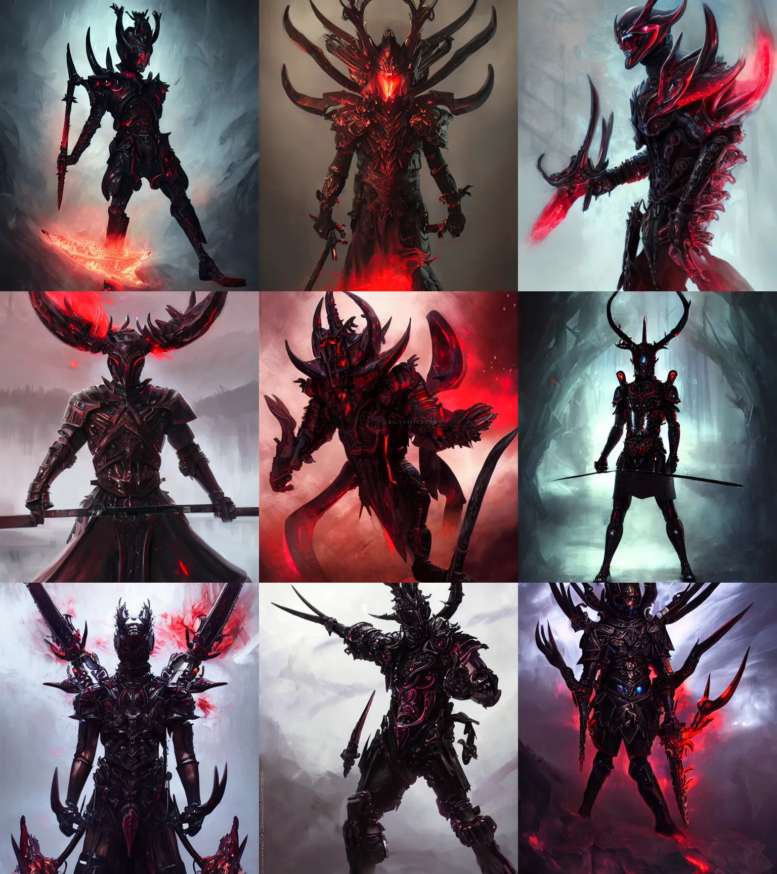 Prompt: legendary warrior with a body of red thick iridescent metal scales, dark and ominous, cybernetic, powerful, 3 d character concept artwork, obsidian gothic sword antlers helmet, realistic, gothic, evil, gritty, matte, fire, detailed, rich iridescent specular colors, makoto shinkai, greg rutkowski, colorful, cgi, hd