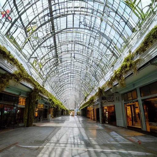 Prompt: a huge indoor mall from a byegone era, the faded signs are all that remains of the nostalgia of the past, the floor is overgrown with moss and vines, the skylight windows were broken open long ago, allowing for sunbeams to stream in, illuminating the ground with a soft glow