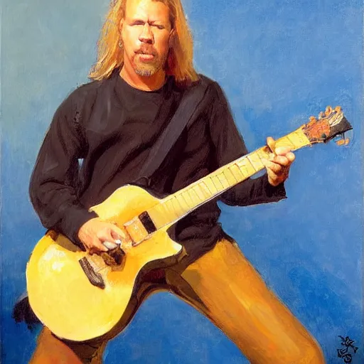 Image similar to a portrait of james hetfield playing guitar, by gregory manchess and stanley lau