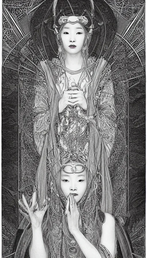 Image similar to yoon young bae as the high priestess, tarot design, by mucha, by agostino arrivabene, black and white graphite drawing, smooth render