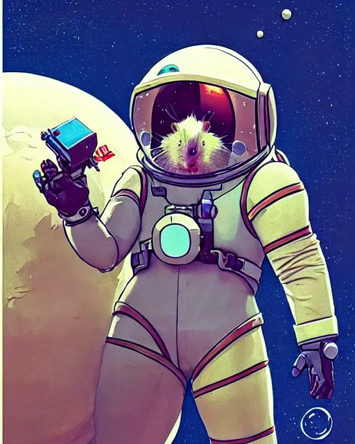 Prompt: wrecking ball the hamster from overwatch, dressed as an astronaut, character portrait, portrait, close up, concept art, intricate details, highly detailed, vintage sci - fi poster, retro future, in the style of chris foss, rodger dean, moebius, michael whelan, and gustave dore