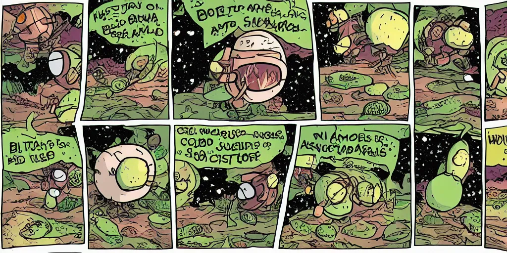 Image similar to a 3 panel comic strip about avocadoes in space, style of bill watterson