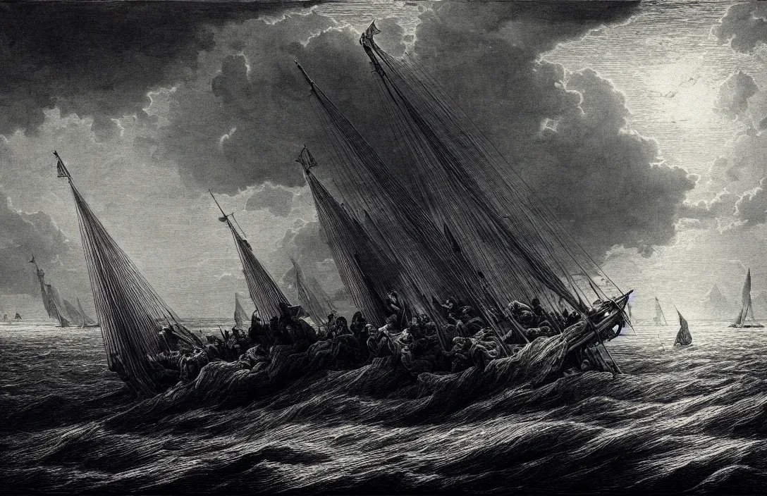 Image similar to ship ever further out to sea gustave dore hd illustration horizontal lines suggest a feeling of rest or repose because objects parallel to the earth are at rest intact flawless ambrotype from 4 k criterion collection remastered cinematography gory horror film, ominous lighting, evil theme wow photo realistic postprocessing jan van der heyden virtuoso painting jan van der heyden