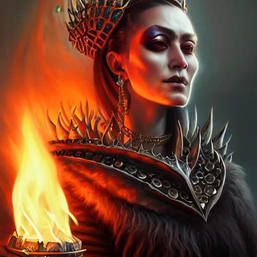 Image similar to Closeup of realistic Sumerian Death Queen with small bones covering vest and flowing fire and smoke , fantasy, intricate, elegant, highly detailed, digital painting, artstation, concept art, matte, sharp focus, illustration, hearthstone, art by Artgerm and Greg Rutkowski and peter mordenbacher