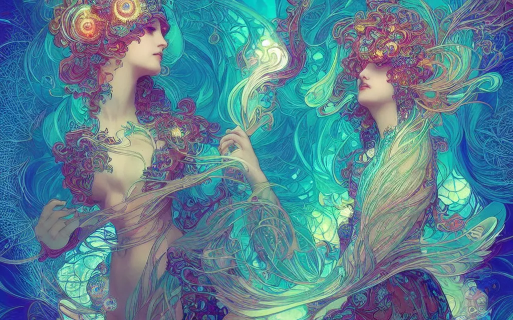 Prompt: wave, particle, synth, frequencies, pattern, oscillation. wave-particle duality. colorful, vibrant. fractal gems, fractal crystals, stunning, cinematic, amazing details, by ross tran and by james jean, Mucha. artstation