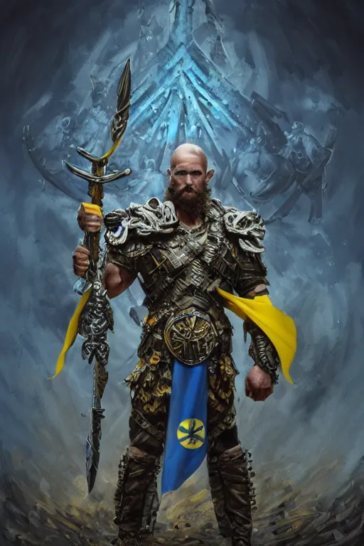 Image similar to a distant shot of a Ukrainian super soldier with blue and yellow flag behind him and a trident symbol on the chest standing alone on a huge pile of skulls posing as a winner, masculine muscular figure, D&D, fantasy, intricate, elegant, highly detailed, extremely detailed, digital painting, artstation, concept art, matte, smooth, sharp focus, illustration, art by Artgerm and Greg Rutkowski and Alphonse Mucha