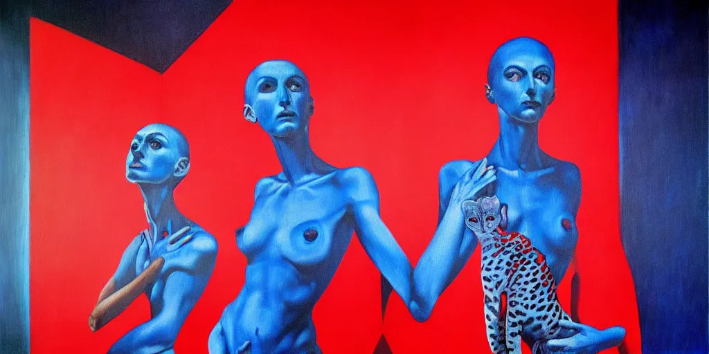 Image similar to only with blue, ney motogrosso in love with a red ocelot, too many hands in all directions, in hoc signo vinces, waterfall, in the style of leonora carrington, gottfried helnwein, intricate composition, blue light by caravaggio, insanely quality, highly detailed, masterpiece, red light, artstation