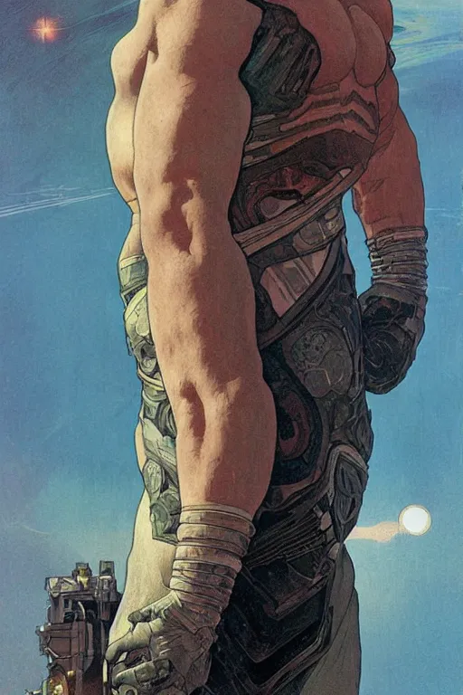 Image similar to upper body portrait of an older brock lesnar wearing a scifi dune stillsuit, nebula in the background, illustration by normal rockwell and greg rutkowski and alphonse mucha