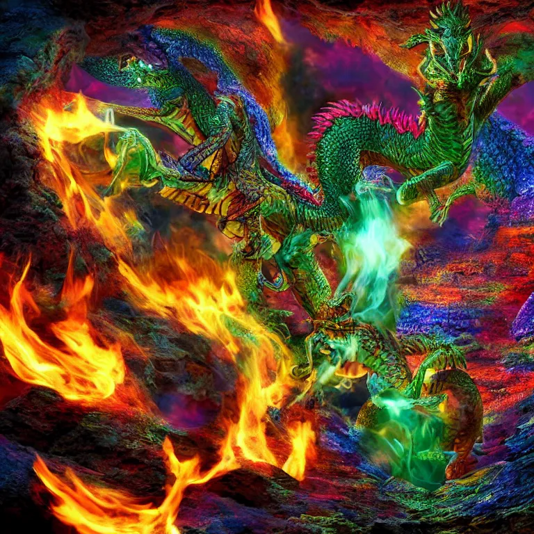 Prompt: a 3d artistic photo of a cave dragon blowing fire using its mouth to the sparkly colorful crystals in the cave