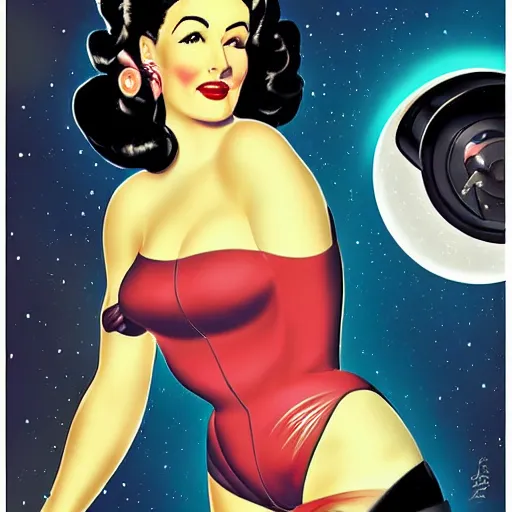 Prompt: a retro sci - fi pinup illustration of dita von teese in the style of alberto vargas and in the style of gil elvgren.