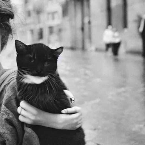 Image similar to A photograph of a Young Woman holding her cat while avoiding the rain on the streets of London, award winning photograph, realistic, detailed, 1960’s cinematic