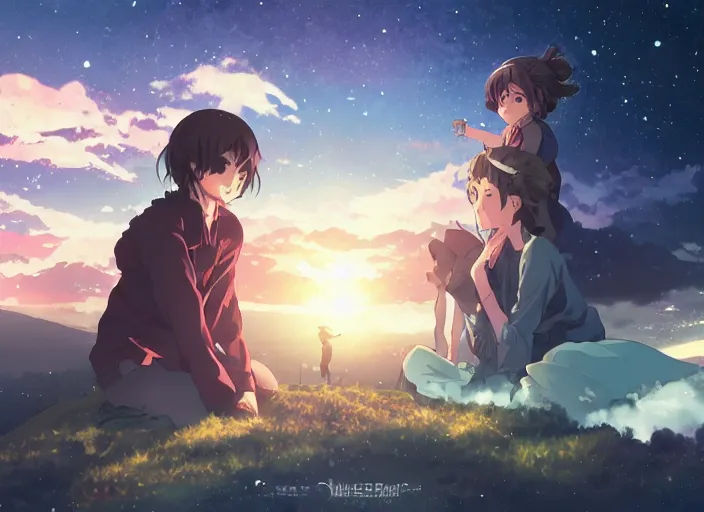 Image similar to watching the stars at night, on a mountain, by wlop, anime key visual, poster