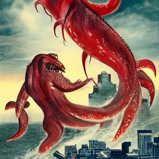 Image similar to godzila is fighting with a giant squid! epic city landscape! japanese vibe