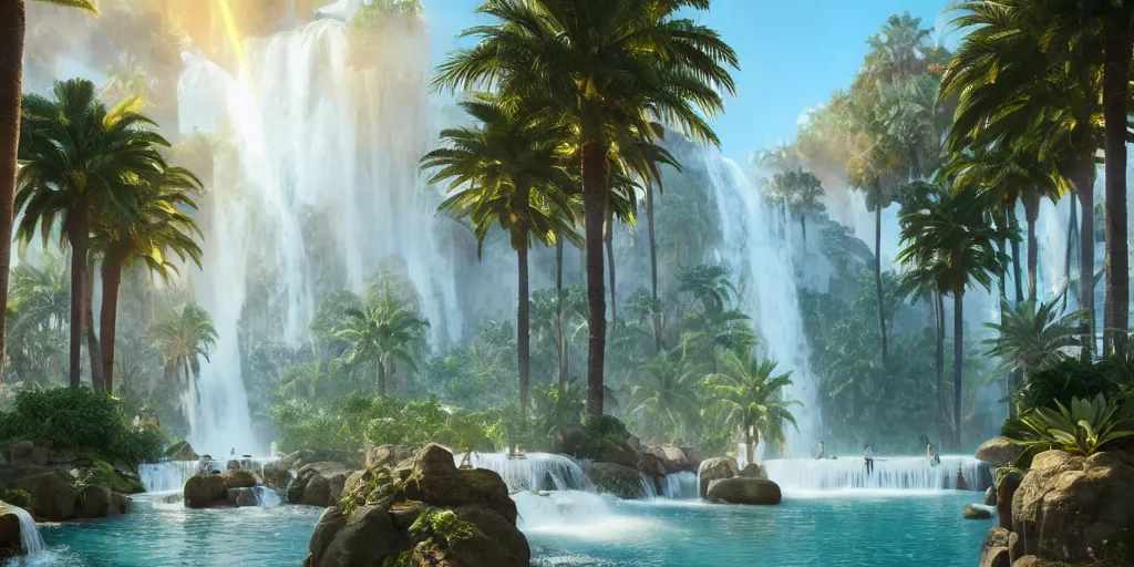 Image similar to beautiful oasis waterfalls surrounded by palm trees, moroccan tile archways, date trees, ivory towers, sun setting, ross tran, nephilim, pyroclastic flow, ethereal, fantasy, james jean, oozium, peter morbacher angelarium alchemy luxury heavenly light soft illumination, trending on artstation, cinematic lighting, digital painting, octane render, artgerm