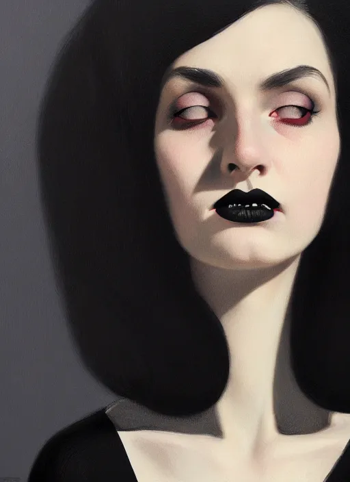 Image similar to portrait of a round faced woman with a crooked nose and a confident expression, 1 9 6 0 s, black clothes, goth, punk, funk, intricate, elegant, highly detailed, digital painting, artstation, concept art, smooth, sharp focus, illustration, art by wlop, mars ravelo and greg rutkowski