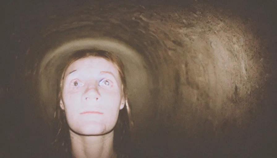 Image similar to portrait of a white female phantom with a hole in the forehead in an empty soviet tunnel, cinestill 800t 35mm, heavy grain, high quality, liminal space style