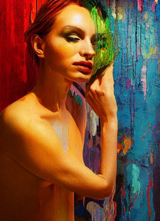 Image similar to a beautiful glitched painting by christian hook and alex kanevsky of a woman in a bathroom, still life, warm colors