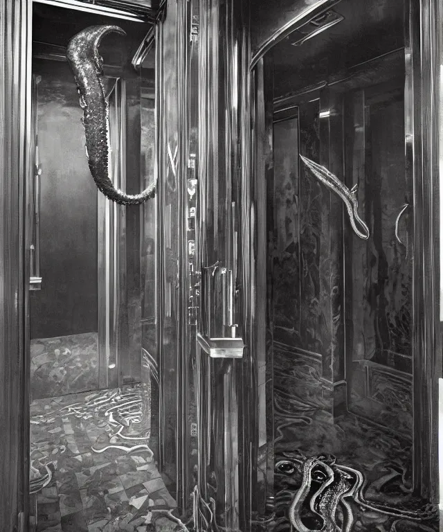 Image similar to horrifying full color photorealistic image of a 1 9 2 5 hotel elevator lobby, elevator doors look like a mouth, with a tentacle - shaped tongue, licking out, dark, atmospheric, brooding, smooth, finely detailed, cinematic, epic, in the style of lee gibbons