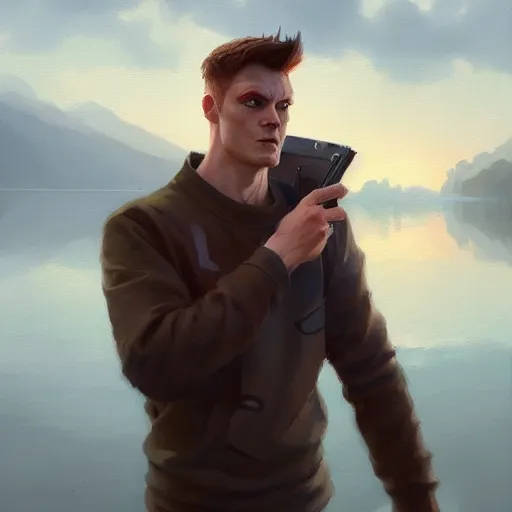 Image similar to phillip j fry portrait, dramatic light, lake background, 2 0 0 mm focal length, painted by stanley lau, painted by greg rutkowski, painted by stanley artgerm, digital art, trending on artstation