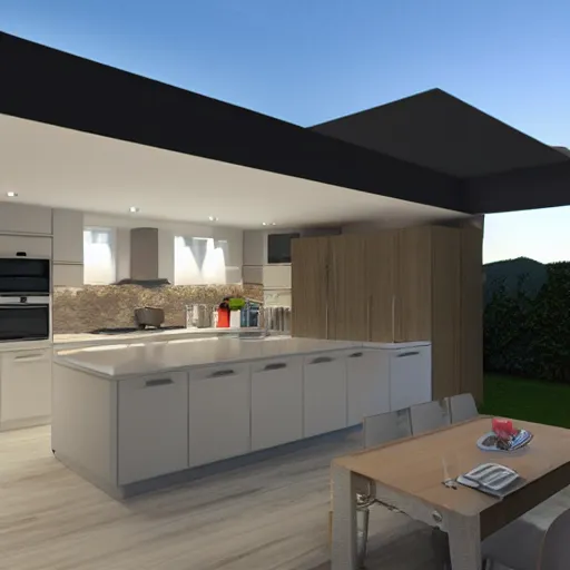 Image similar to modern kitchen with led strip lighting roof lantern, homes and gardens, super detailed render, award winning,