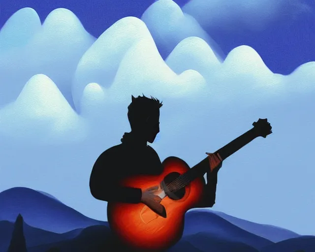 Prompt: A slightly silhouetted figure of a man with a guitar, clouds that look like mountains high in the sky, the clouds are a deep blue purple color with the sun blazing behind the clouds, deep focus, D&D, fantasy, intricate, elegant, highly detailed, digital painting, artstation, oil paint, matte, sharp focus, illustration, hearthstone, art by Ivan Aivazovsky