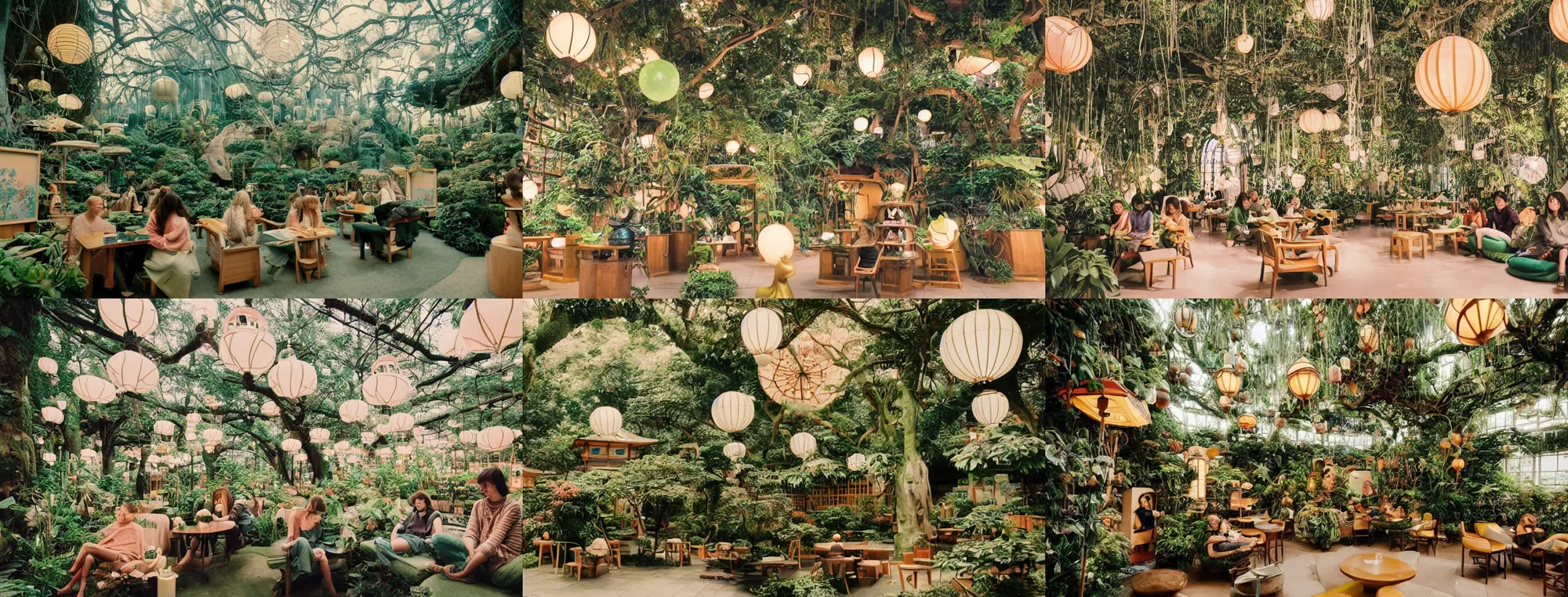 Prompt: Dreamy photo a very very cozy futuristic eco library cafe that is filled with lush plants and magical flowers, sleepy feeling, magical atmosphere, hazy, film grain, muted color palette, castles and temple details, glowing Japanese lanterns in the trees, glowing ornaments, in the style of Gucci, photographed by Petra Collins and Wes Anderson, magic and mystical details, 8k,