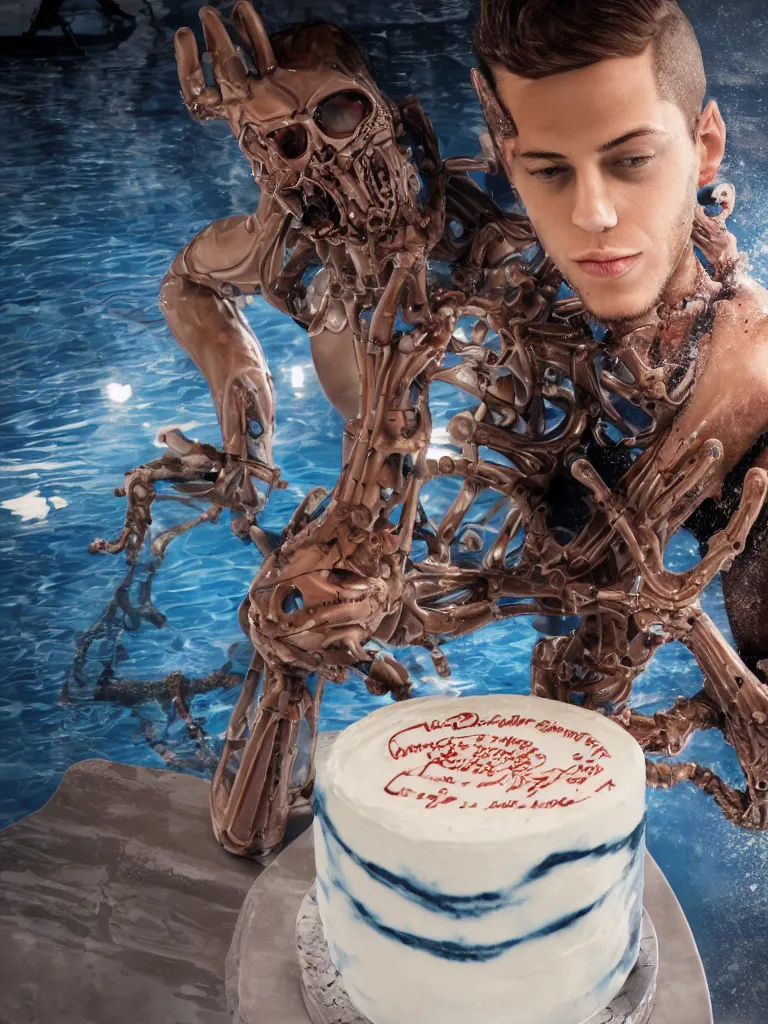 Image similar to Pete Davidson icing a cake at the pool, biomechanical fluid, dramatic lighting, hyperrealistic, ultrarealistic, intricate details, 4k, unreal 5, digital art