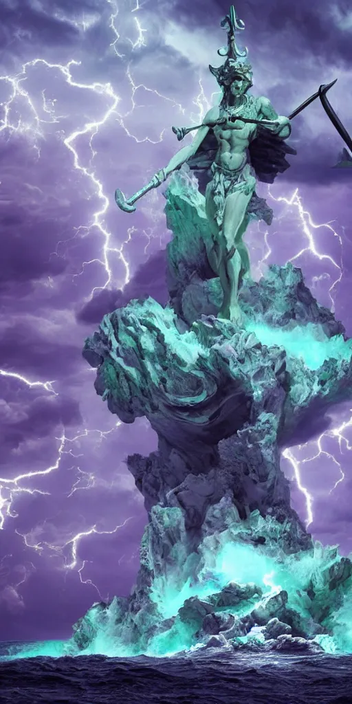 Image similar to gigantic marble statue of the god of the sea wielding a trident on an island. roiling waves at the base. scene lit by lightning. thunderclouds in the background. fantasy setting. magicians praying to the statue. purples and greens. fantasy aesthetic. extremely detailed. 4 k. digital art.