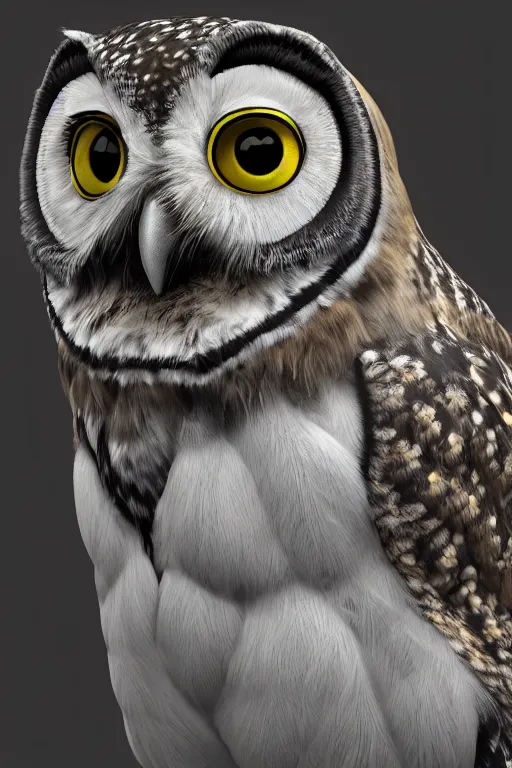Image similar to portrait of an owl in a tuxedo, 3d shading, cel-shaded, CGSociety, volumetric lighting, octane render, hyperrealism