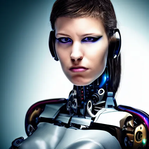 Prompt: portrait photo of a beautiful female cyborg, dramatic