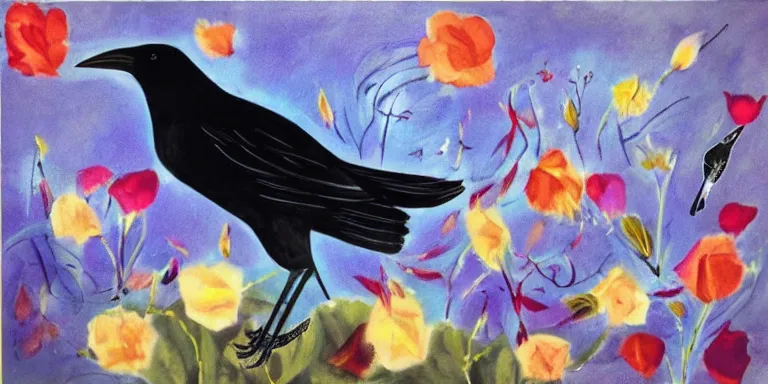 Prompt: crows with flower petals! as feathers, flying among roses, expressionist, vibrant, muted, dark highlights, album cover, album artwork