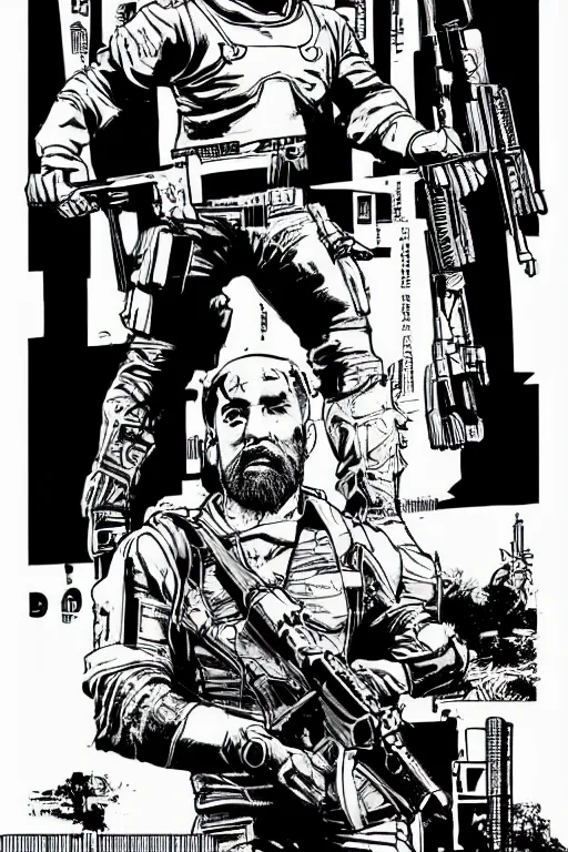 Image similar to billy mays holding a rifle, a page from cyberpunk 2 0 2 0, style of paolo parente, style of mike jackson, adam smasher, johnny silverhand, 1 9 9 0 s comic book style, white background, ink drawing, black and white, colouring pages