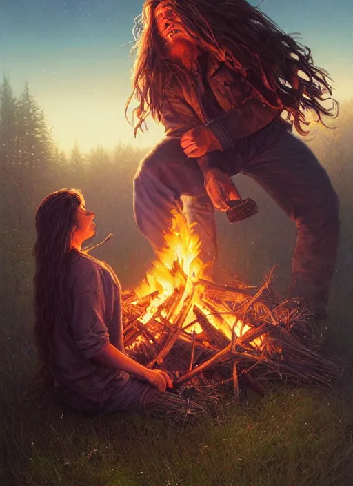 Prompt: highly detailed portrait of long - haired hillbilly around a bonfire, stephen bliss, unreal engine, art by greg rutkowski, loish, rhads, ferdinand knab, makoto shinkai and lois van baarle, artgerm, pixar, ilya kuvshinov, rossdraws, tom bagshaw, global illumination