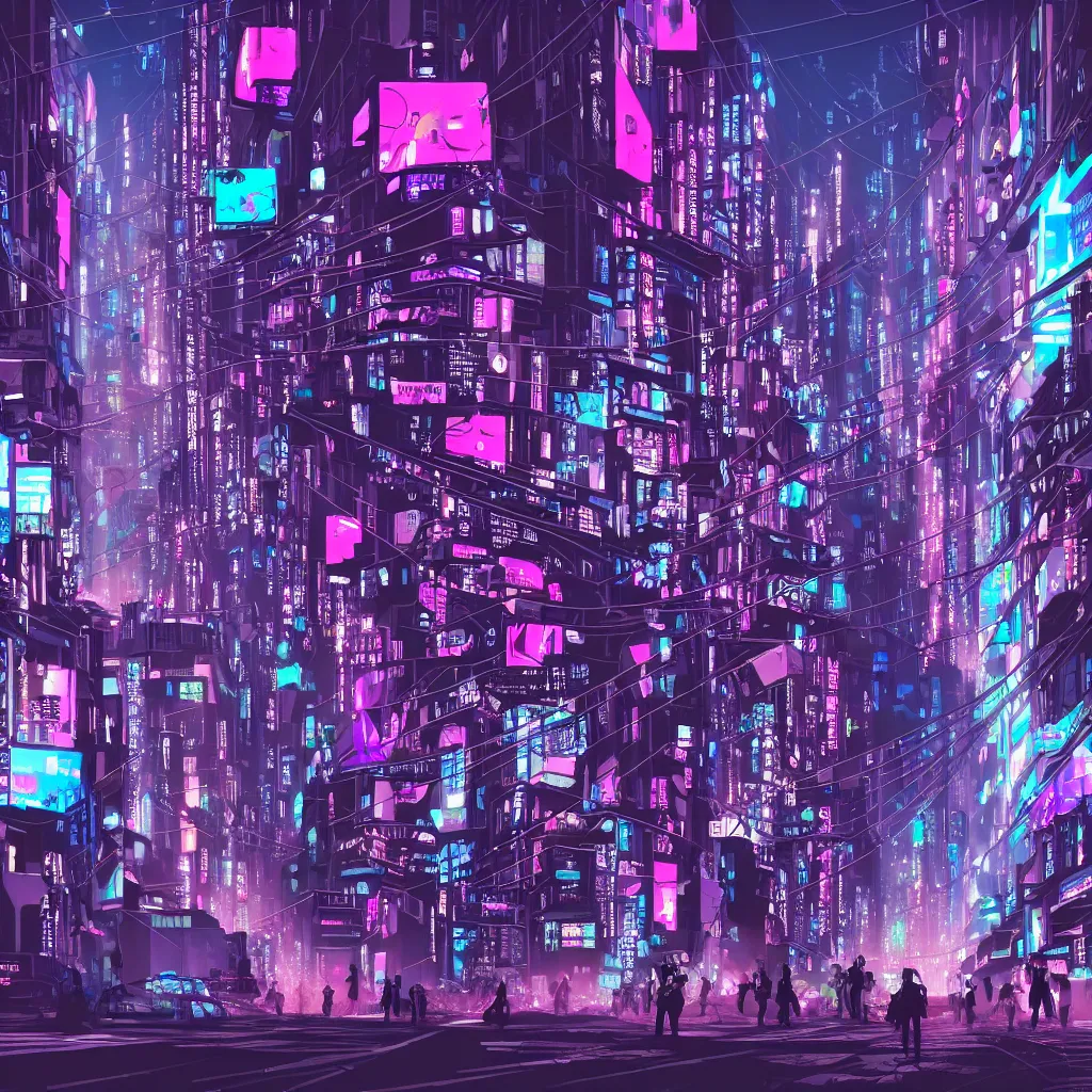 Prompt: an overpopulated, busy, dark cyberpunk metropolis, fuchsia and blue, people walking in the streets packed like sardines, smog, tv screens, drones, flying cars, hoverboards, anime inspired digital art