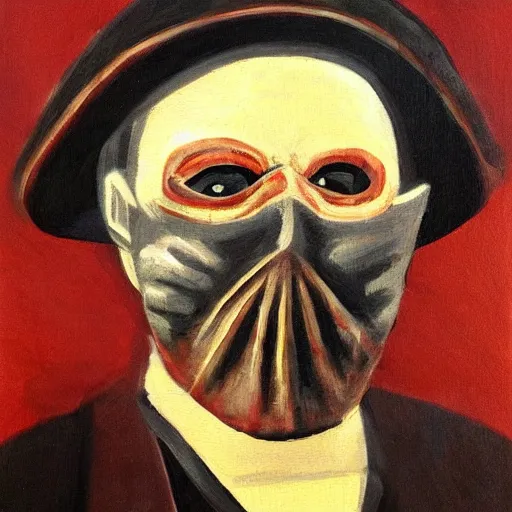 Prompt: a painting of an old man wearing a scary mask