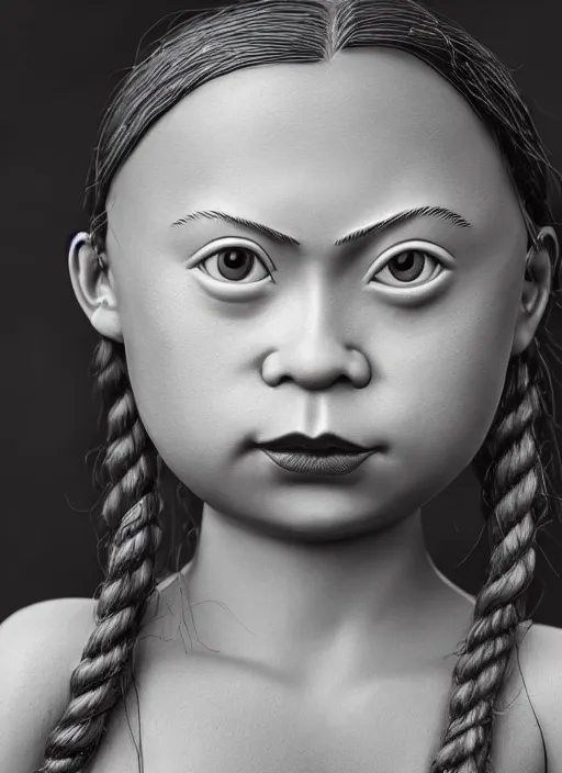 Image similar to closeup profile portrait of tin toy greta thunberg wearing a bikini, depth of field, zeiss lens, detailed, symmetrical, centered, fashion photoshoot, by nicoletta ceccoli, mark ryden, lostfish, breathtaking, 8 k resolution, extremely detailed, beautiful, establishing shot, artistic, hyperrealistic, octane render
