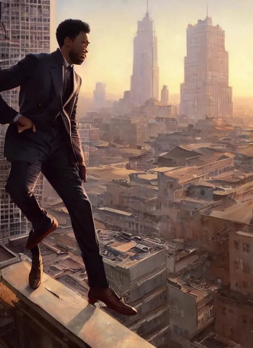 Image similar to A digital painting of a portrait of Chadwick Boseman alone on a rooftop during Golden Hour. masterpiece 4k digital illustration by Ruan Jia and Mandy Jurgens and Artgerm and greg rutkowski and Alexander Tsaruk and WLOP and william-adolphe bouguereau, marvel comics, dark, intricate, highly detailed, smooth, artstation, digital illustration by Ruan Jia and Mandy Jurgens and Artgerm and Wayne Barlowe and Greg Rutkowski and Frank Frazetta , award winning, Artstation, art nouveau aesthetic, Alphonse Mucha background, intricate details, realistic, panoramic view, Hyperdetailed, 8k resolution, intricate art nouveau