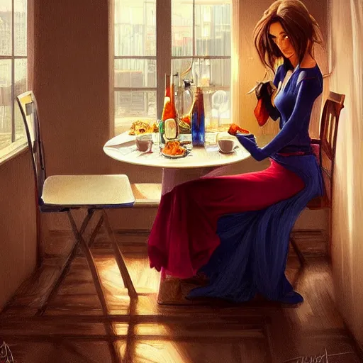 Image similar to a dinner date with the girl next door, slice of life, modern, realistic,!! looking at the camera!!, solo, first person pov, elegant, highly detailed, digital painting, artstation, concept art, matte, sharp focus, illustration, art by artgerm and greg rutkowski and alphonse mucha