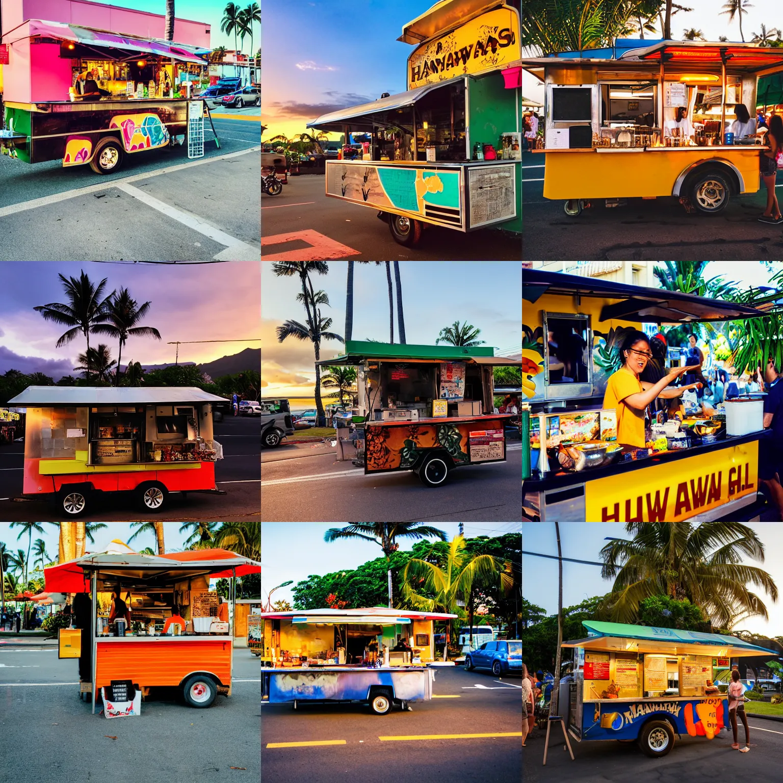 Prompt: Hawaiian street food cart, golden hour
