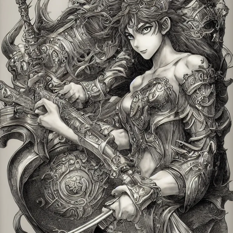 Image similar to young goddess, realistic proportions, beautiful face, in goldfish armor, wielding a fish sword, symmetrical, highly detailed, engraving kentaro miura manga art style