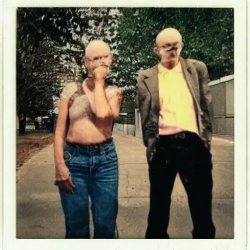 Image similar to found polaroid photo of trash humpers in an abandoned shopping mall