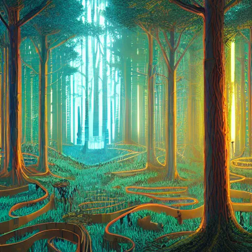 Prompt: a tall glowing maze in the dark forest, digital painting by Dan Mumford and James Jean and Greg Rutkowski, panoramic view, light and shadow