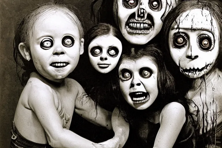 Prompt: studio portrait of a happy creepy mud family with big eyes by bob bottin, horror grotesque, realistic detailed photography 1 9 7 0's