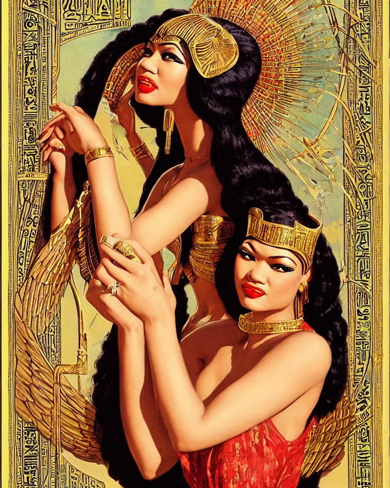 Image similar to zendaya as isis the Egyptian goddess, a beautiful art nouveau portrait by Gil elvgren, Nile river environment