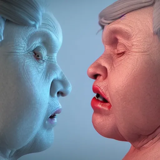 Image similar to 3 d hyper realistic cinematic scene of a sweet fat old woman kissing herself. window. symmetrical face, red mouth, blue eyes. deep focus, lovely scene. ambient occlusion render. concept art. unreal engine.