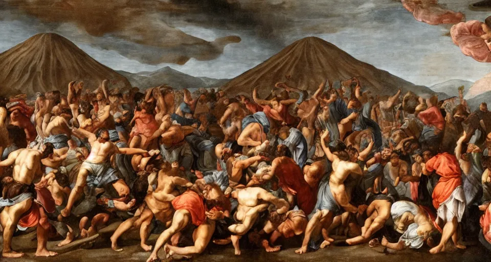 Image similar to mosh pit at music festival in pompeii while mount vesuvius is erupting, fresco, michaelangelo