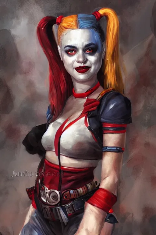 Image similar to a full body high detail fantasy portrait oil painting illustration of harley quinn by justin sweet with face and body clearly visible, in a scenic background, pretty eyes, realistic proportions, d & d, rpg, forgotten realms, artstation trending, high quality, sombre mood, artstation trending, muted colours, entire person visible!